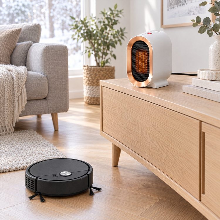 Le radiateur électrique Airaneo® sur un buffet et le robot aspirateur sur le parquet d’un salon
