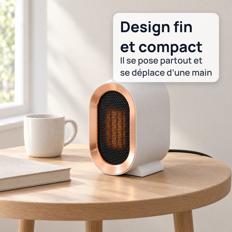 Le radiateur compact posé sur une table d’appoint à côté d’une tasse