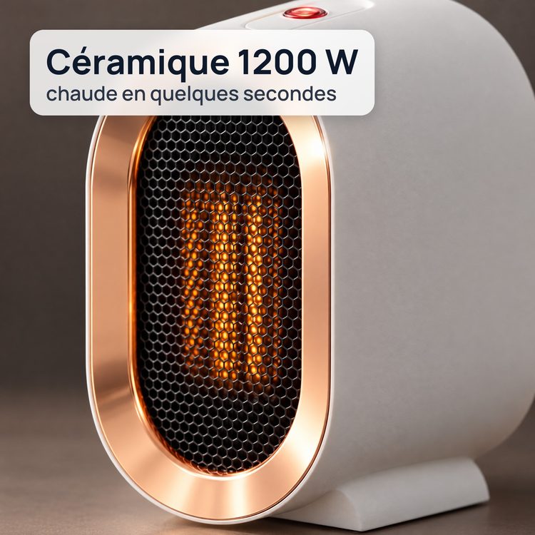 Gros plan sur le contour cuivré et la grille du radiateur, résistance céramique allumée