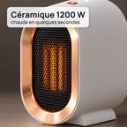 Gros plan sur le contour cuivré et la grille du radiateur, résistance céramique allumée