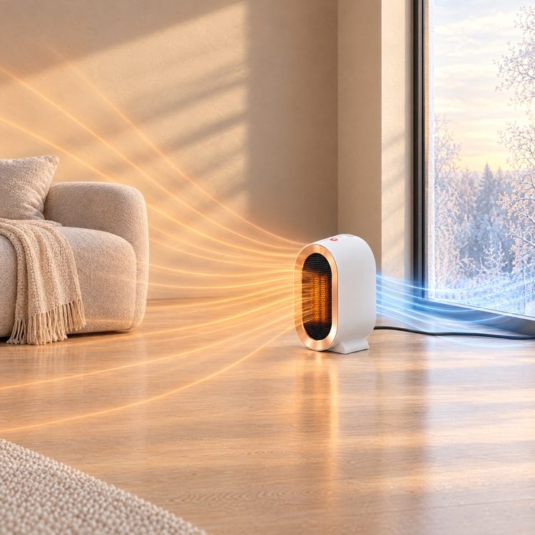 L’air froid de la fenêtre entre à l’arrière du radiateur électrique et ressort chaud par l’avant, dans toute la pièce