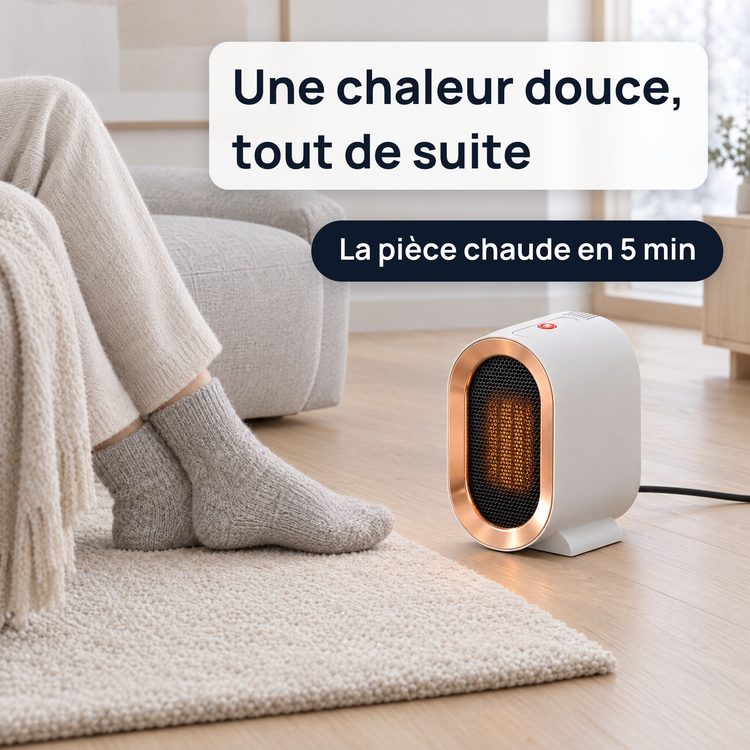 Le radiateur allumé au sol près des pieds d’une personne assise sur un canapé