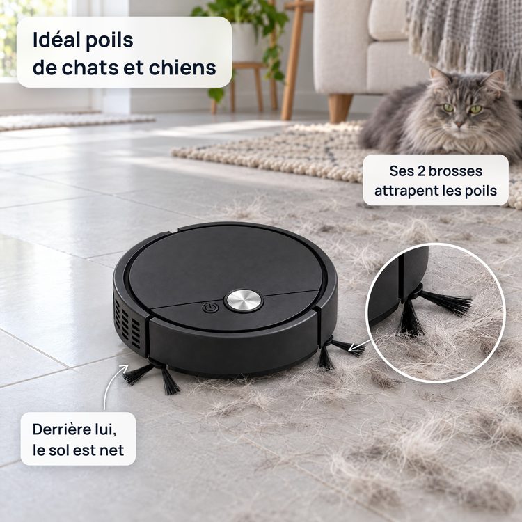 Le robot aspirateur ramasse les poils de chat