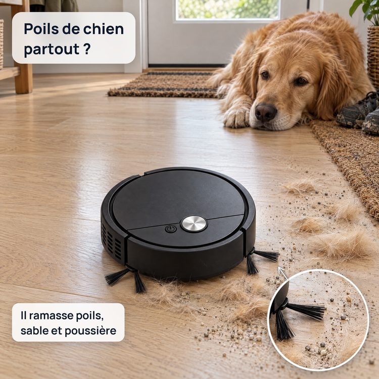 Il ramasse poils de chien, sable et poussière