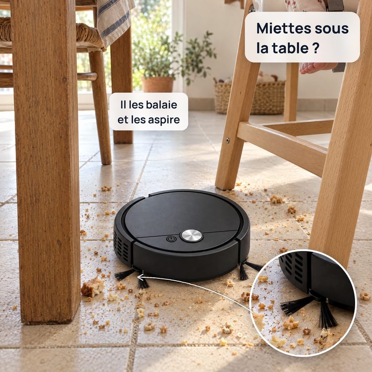 Il balaie et aspire les miettes sous la table