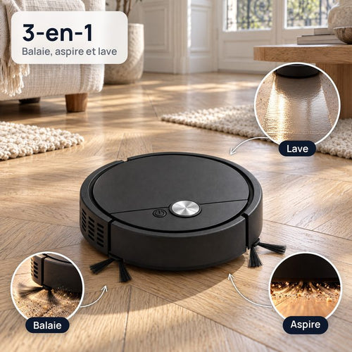 Robot aspirateur 3-en-1: il balaie avec ses 2 brosses, aspire la poussière et lave le sol