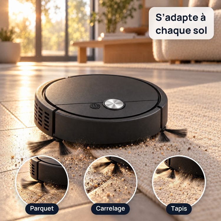 Le robot aspirateur passe du carrelage au tapis, avec des gros plans de l’aspiration sur parquet, carrelage et tapis